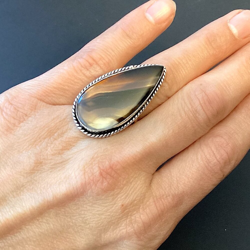 Costume Jewelry, Big Statement Ring, Agate and Silver Tone